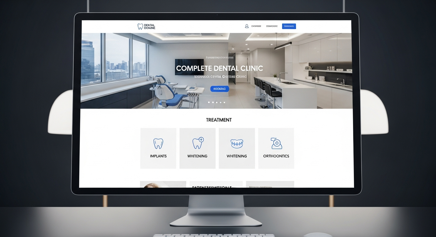 AI_IMAGE: A premium website mockup display showing a complete dental clinic website on a large monitor, the website features a clean white and blue design with a hero section showing a modern dental office interior, treatment cards below with icons for implants whitening and orthodontics, a patient testimonials section, and a prominent booking button, the monitor sits on a sleek dark desk with soft ambient lighting, high-end presentation style | photorealistic | landscape