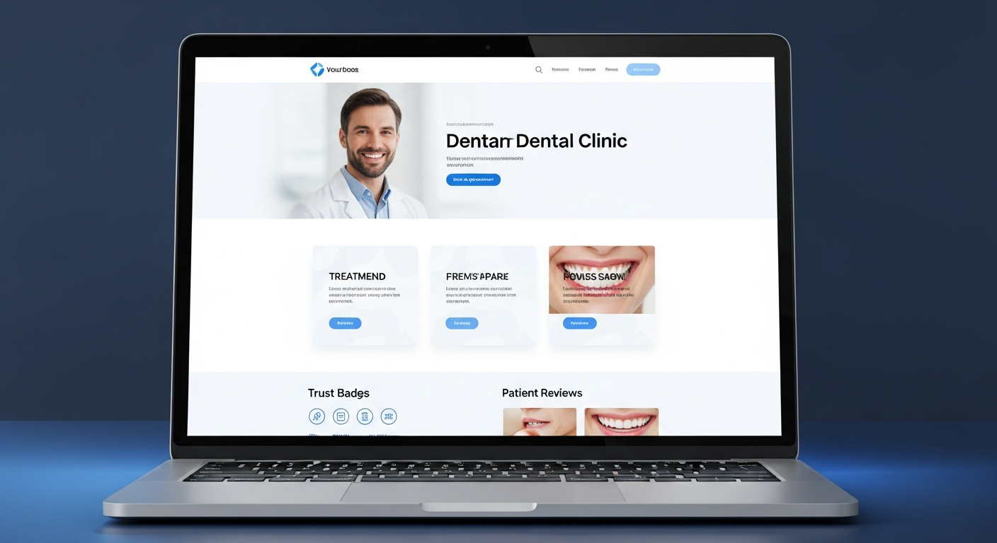 AI_IMAGE: A large laptop screen displaying a beautiful modern dental clinic website mockup with a clean white hero section featuring a smiling dentist photo, appointment booking button, treatment cards below, trust badges and patient reviews section visible, soft blue accent colors, the laptop sits on a clean dark navy desk with subtle blue ambient lighting, no people visible only the screen, professional premium web design showcase | photorealistic | landscape